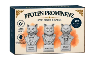 Verpackung des Pfotenprominenz 3er-Magnet-Sets der Serie Denker und Klassik
