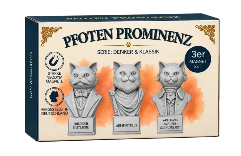 Verpackung des Pfotenprominenz 3er-Magnet-Sets der Serie Denker und Klassik