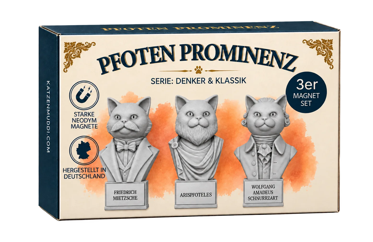 Verpackung des Pfotenprominenz 3er-Magnet-Sets der Serie Denker und Klassik
