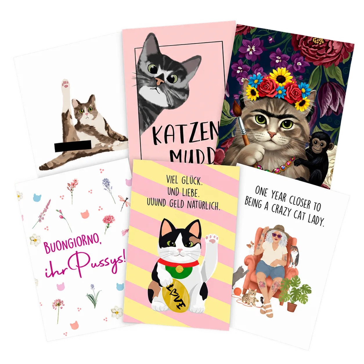 Überlappend angeordnete Postkarten mit Katzenmotiven und humorvollen Sprüchen