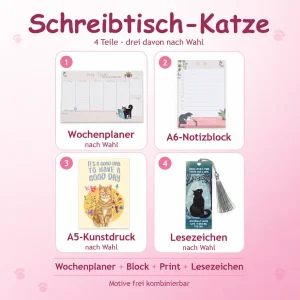 Schreibtisch-Katze mit den enthaltenen Artikeln