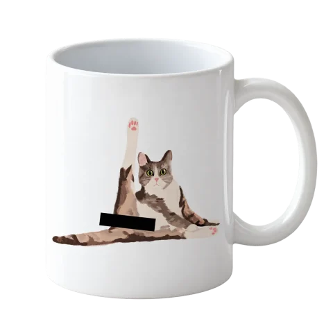 Weiße Tasse mit Popokatze-Motiv und schwarzem Zensurbalken