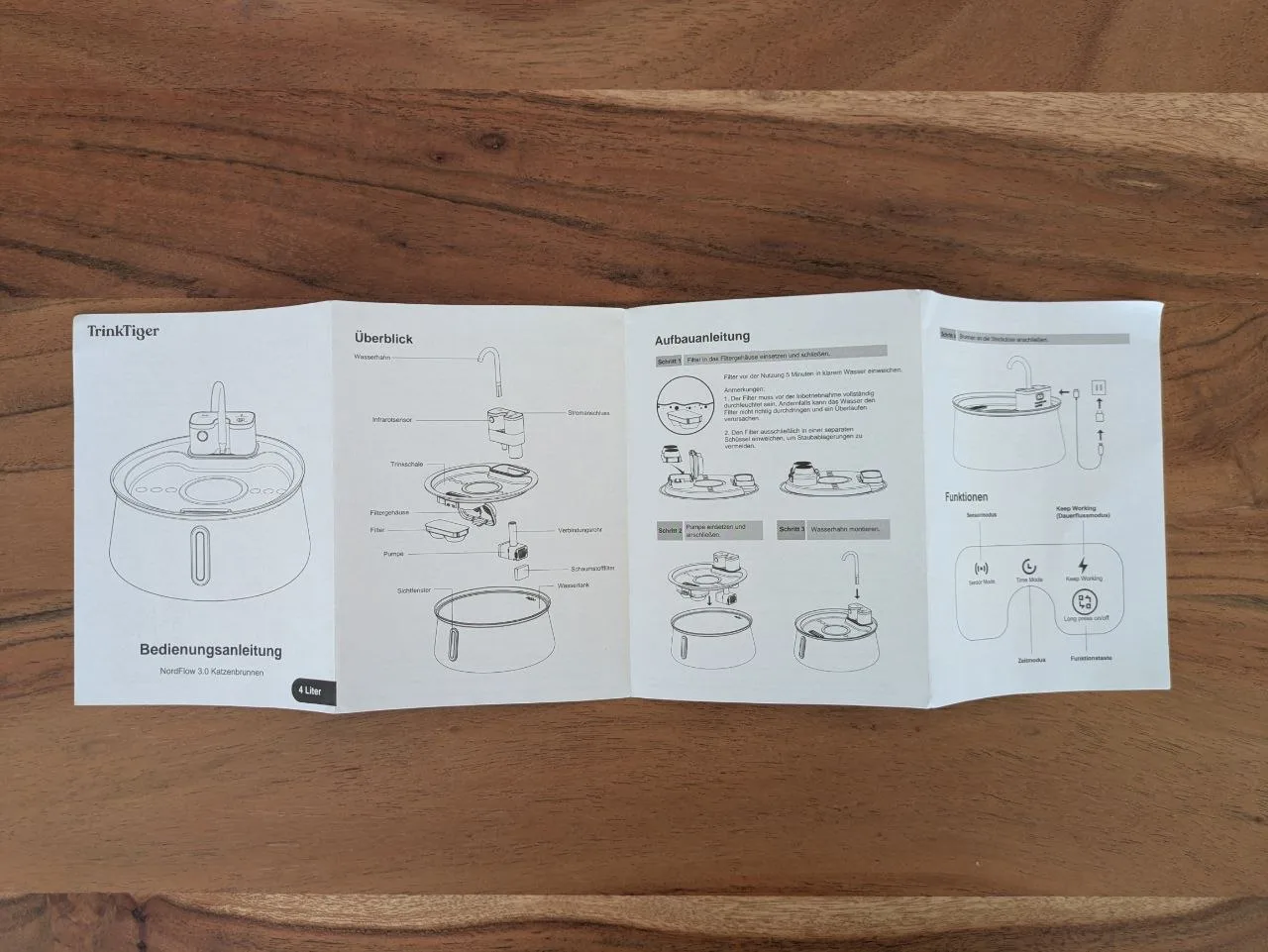 Bedienungsanleitung des TrinkTiger NordFlow 3.0 mit Bauteilübersicht, Aufbauschritten und Betriebsarten.