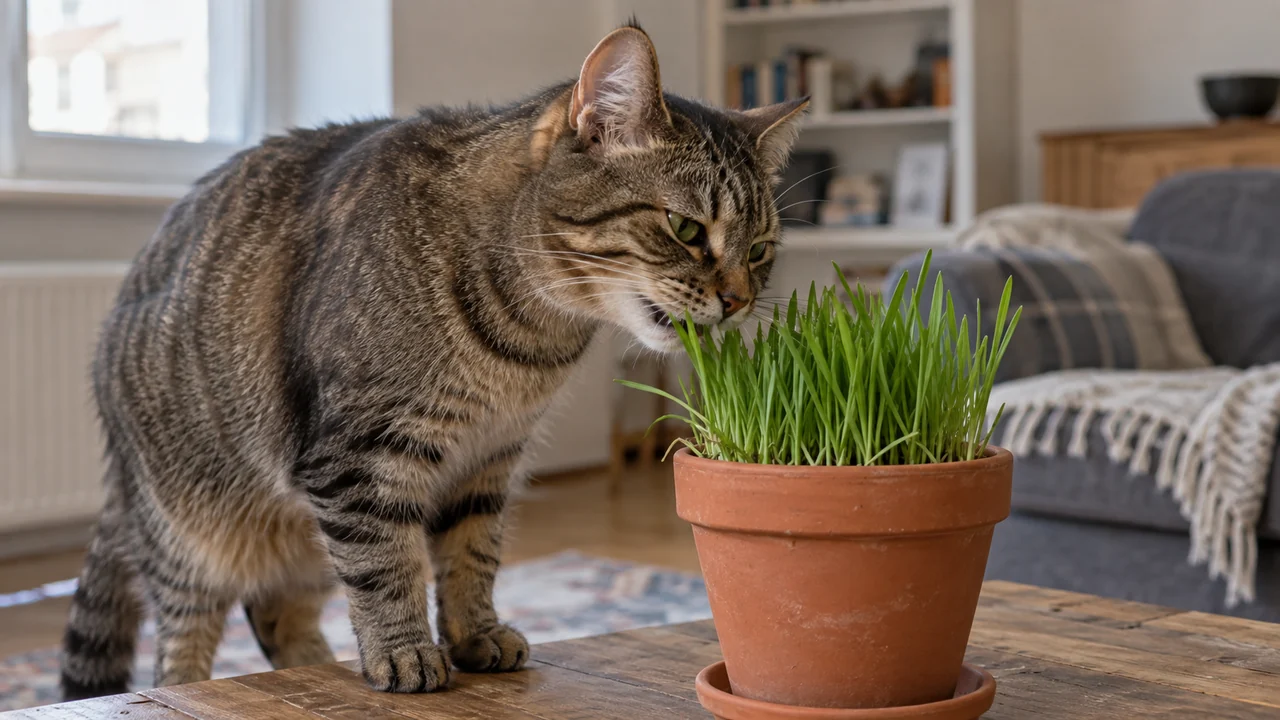 Getigerte Katze knabbert an Katzengras in einem Terrakottatopf.