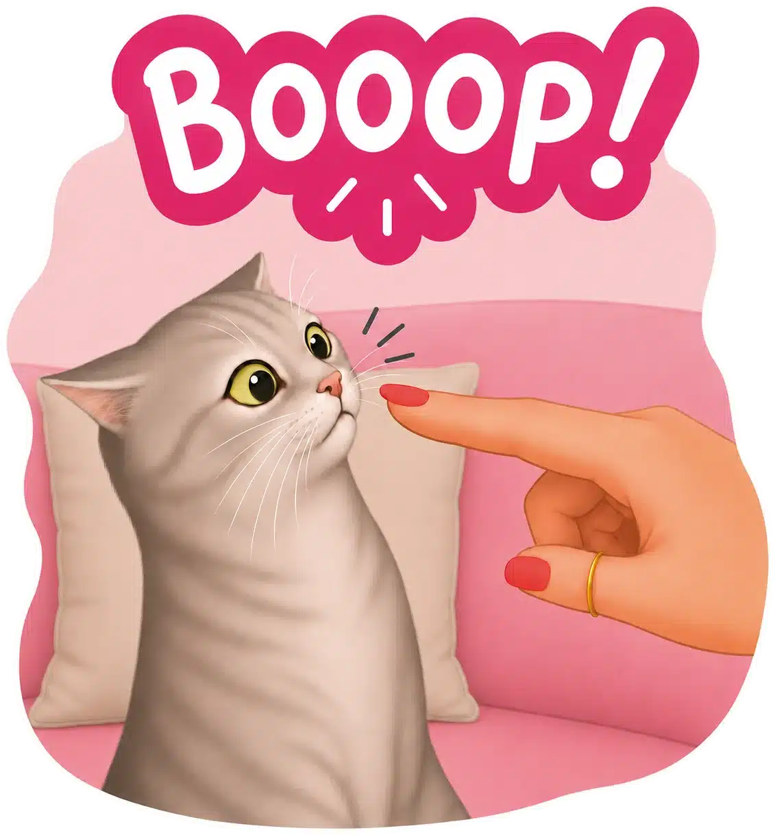 Einzelner rosa Sticker „Booop!“ mit grauer Katze auf einem Sofa und einem Finger vor ihrer Nase.