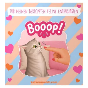 Graue Katze mit Finger vor der Nase und Schriftzug „Booop!“, rosa Sticker auf gestreifter Trägerkarte.