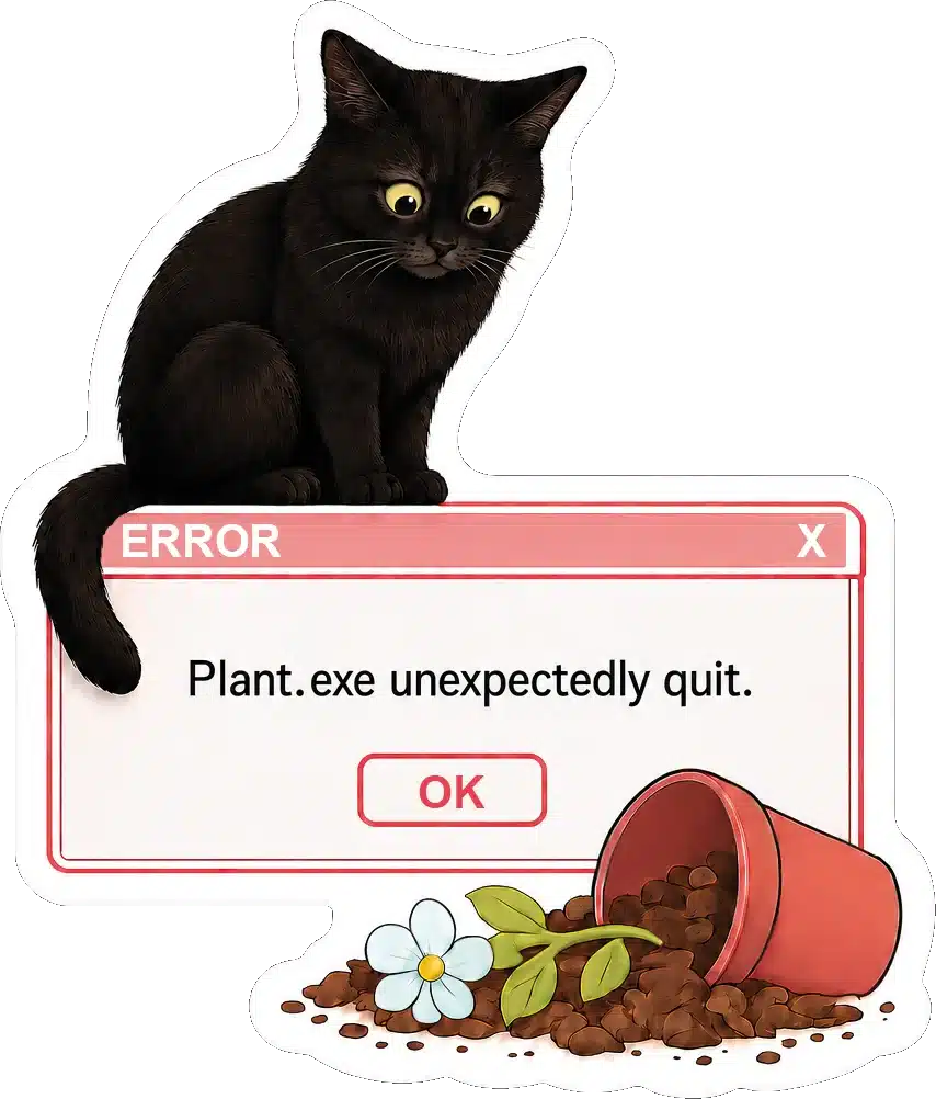 Einzelner Sticker mit schwarzer Katze, umgekipptem Blumentopf und Fehlerfenster „Plant.exe unexpectedly quit.“