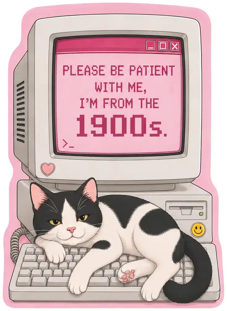 Einzelner Sticker mit schwarz-weißer Katze auf einer Retro-Tastatur und Bildschirmtext „Please be patient with me, I’m from the 1900s.“
