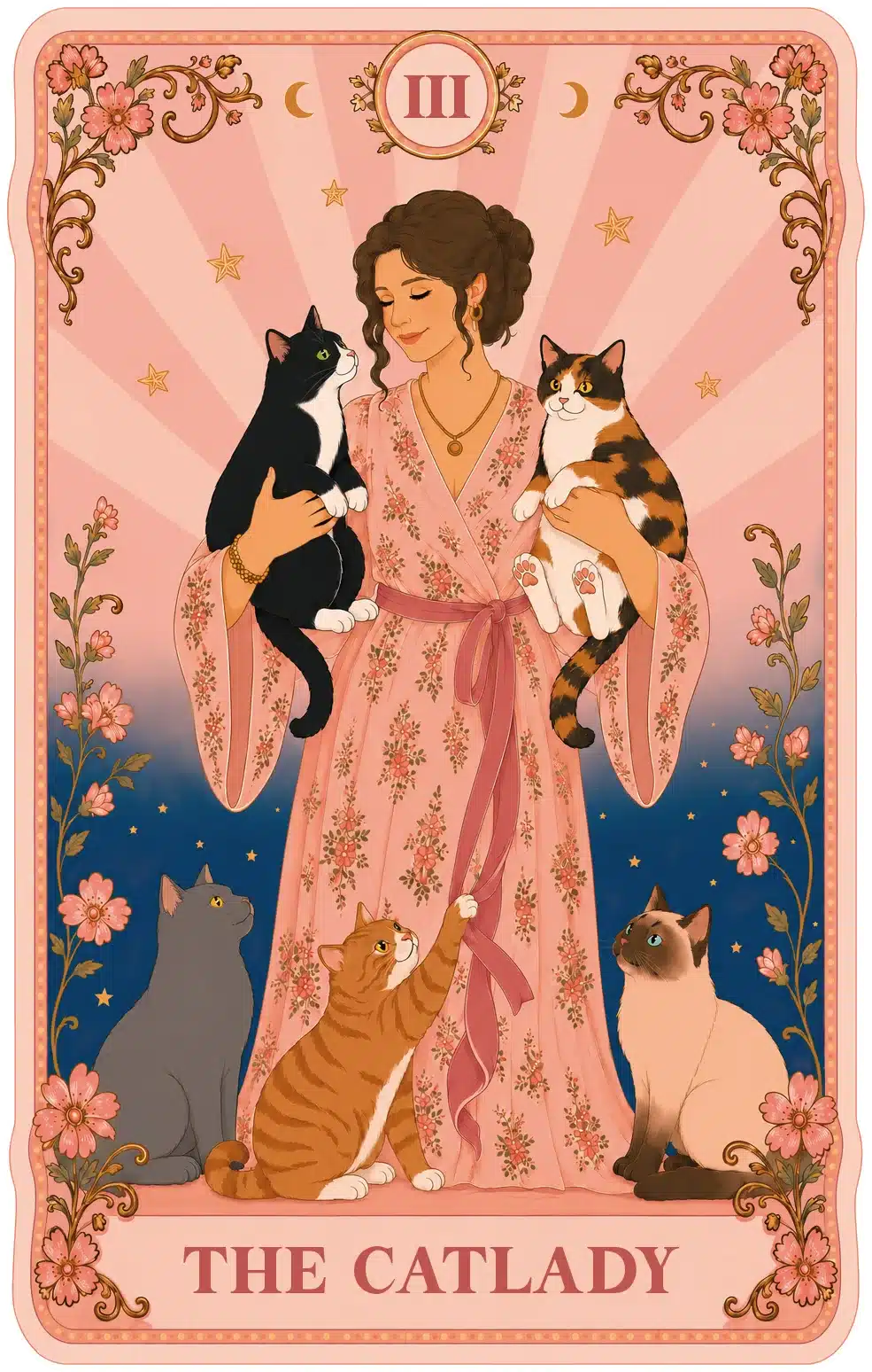 Einzelner Tarot-Sticker „The Catlady“ mit einer Frau im rosa Kleid, fünf Katzen, Blumen, Sternen und Mondsicheln.