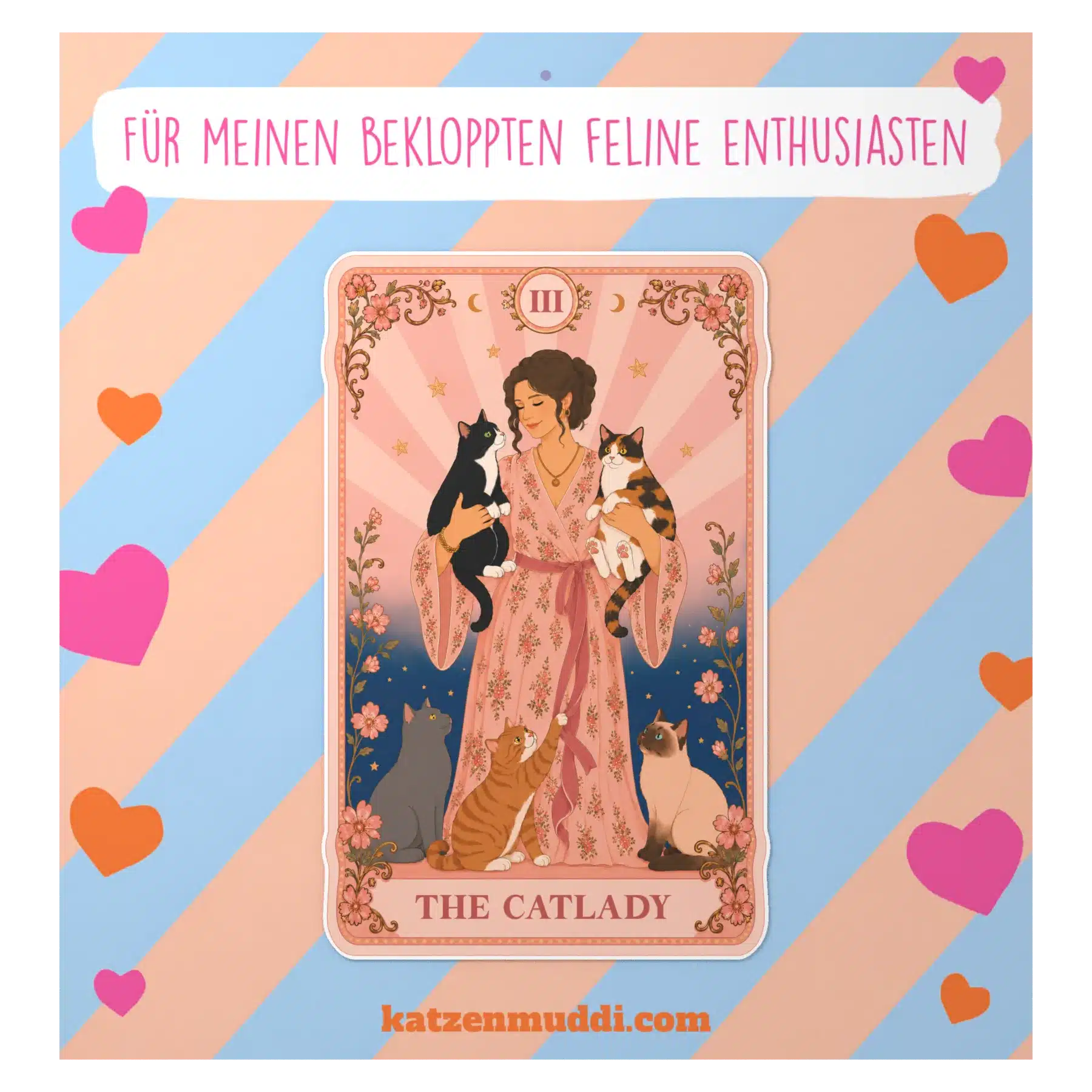 Tarot-Sticker „The Catlady“ mit einer Frau im rosa Kleid und fünf Katzen, auf gestreifter Trägerkarte.