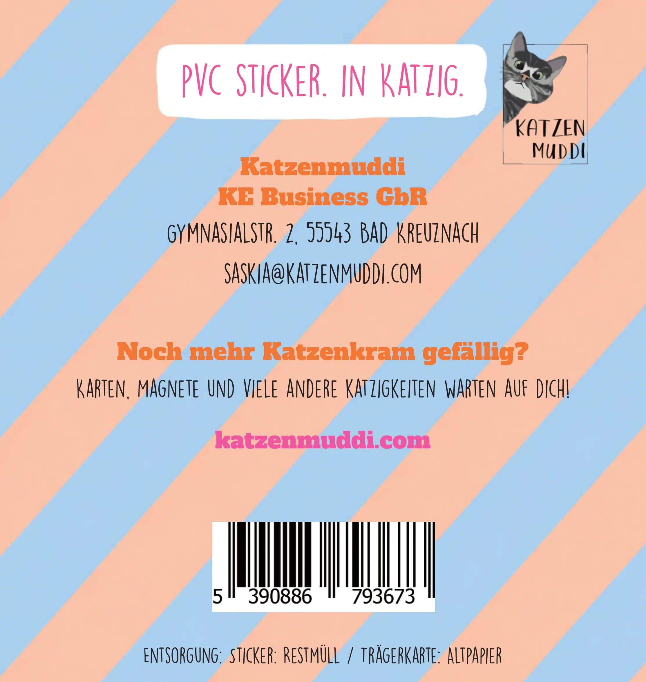 Rückseite der Katzenmuddi-Trägerkarte mit PVC-Sticker-Hinweis, Kontaktdaten der KE Business GbR, Barcode und Entsorgungshinweisen.