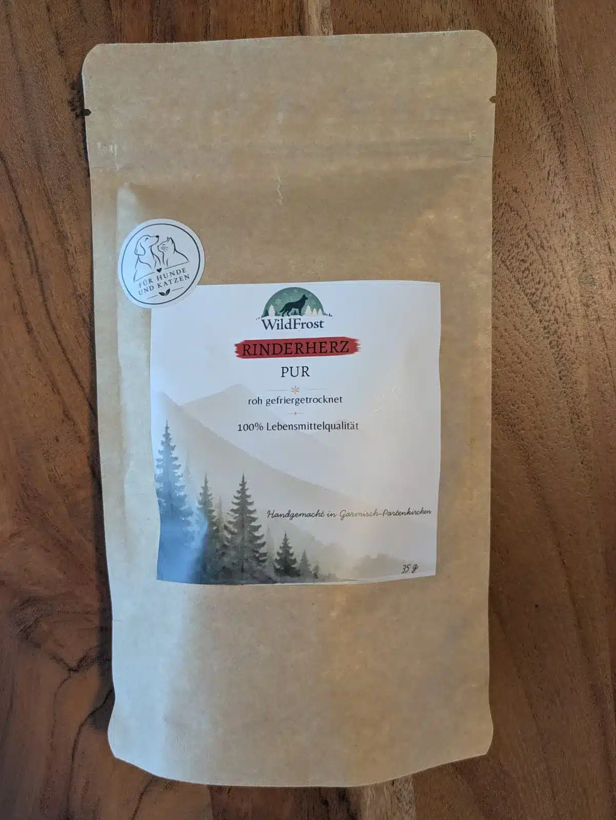 Vorderseite von WildFrost Rinderherz PUR, 35 Gramm, mit der Angabe „roh gefriergetrocknet“.
